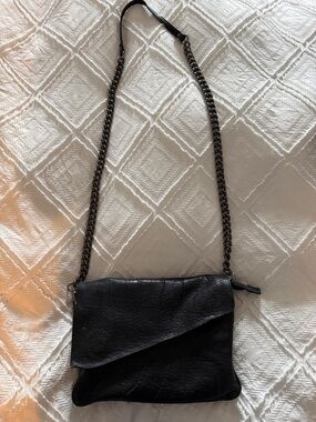 Italian Black Leather Crossbody Bag with detachable Gunmetal Chain Strap